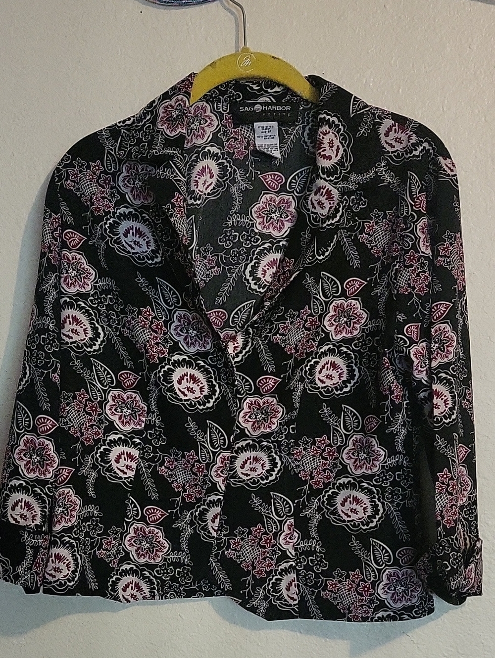 Sag Harbor Black Floral Button-Front Jacket with Pink Accents